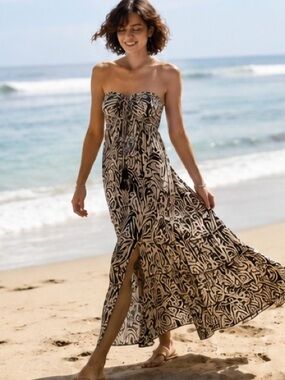 White Waves NWT Strapless Abstract Zebra Print Maxi Dress Boho Beach Resort |S/M